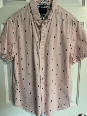 Cactus Man Pink Button Down Shirt with Fine Stripes and Pineapple Motif.